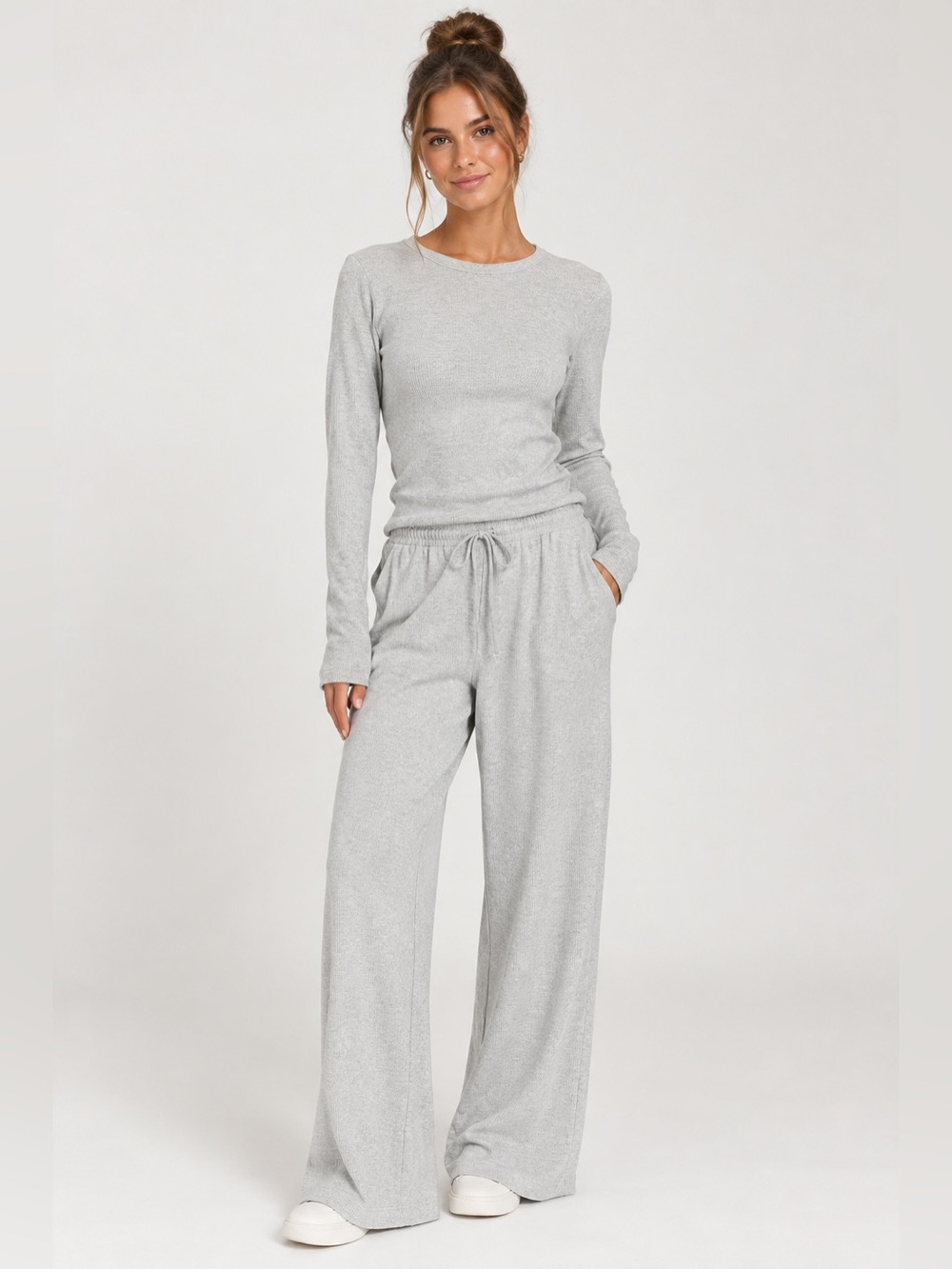 Nuuds Thermal Waffle Knit Matching Set Crop Long Sleeve Size Medium Grey